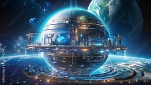 Science fiction illustration of a planet earth in the space. 3D rendering, A space station orbiting a planet with digital waves, advanced technology, and holographic displays