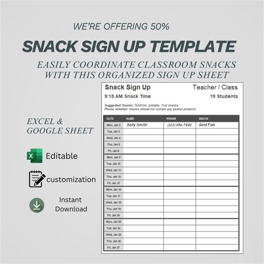 School Snack Sign up Sheet | Teacher Class Supply Tracker Template | Google Sheets & Excel Classroom Sign-up | Digital Download - Etsy Australia