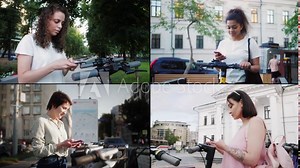 Multi Screen diverse collage of young women use phone app for rental electric kick scooters or bicycles in sharing parking lot.