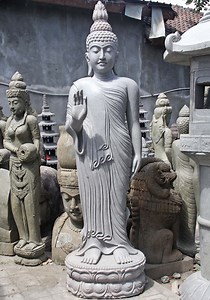 8 Foot Tall Stone Standing Teaching Buddha Sculpture in Vitarka Mudra on Lotus Base 100"