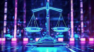 A neon-lit digital scale of justice symbolizes the intersection of technology and law in contemporary society