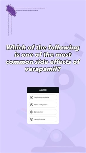 med's go on Instagram: "Verapamil is a non-dihydropyridine calcium channel blocker with strong inhibitory effects on gastrointestinal smooth muscle (L-type Ca²⁺ channel blockade), making constipation its most frequent dose-related side effect (occurring in 7–25% of patients, often the limiting factor for continuation). Gingival hyperplasia is typical of dihydropyridines (especially nifedipine, amlodipine), not verapamil. Reflex tachycardia is seen with dihydropyridines (nifedipine) due to vasodi