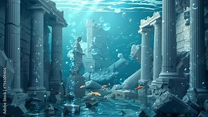 ancient ruins paper cut template with submerged. seamless looping overlay 4k virtual video animation background