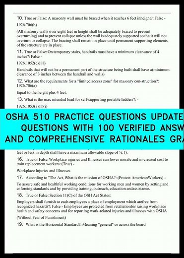 OSHA 510 PRACTICE QUESTIONS UPDATED 2025 QUESTIONS WITH 100 VERIFIED ANSWERS AND COMPREHENSIVE RA