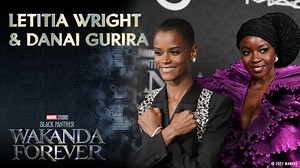 Letitia Wright and Danai Gurira discuss teaming up again while at the world premiere of Marvel Studios’ Black Panther: Wakanda Forever. | Marvel