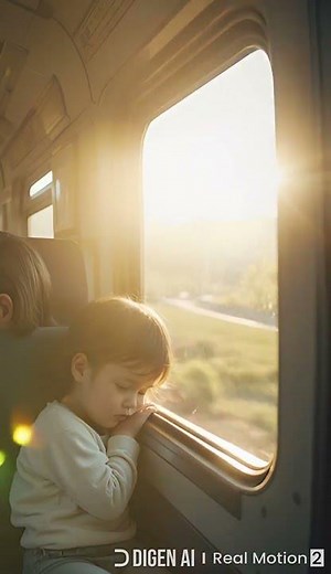 Golden Morning Light Washes Over a Sleeping Child on a Train as the World Drifts