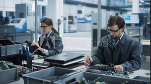 Caucasian Male And Female Workers Taking Apart Old Laptops To Recycle Electronic Components For Printed Circuit Board Production At Electronics Factory. Employees Unscrewing and Sorting Computer Parts Stock Video