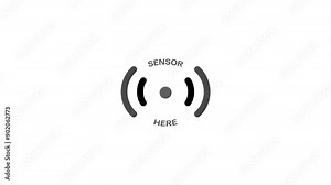 “Sensor Here” icon in monochrome, depicting a sensor activated by IoT technology, such as water dispensers. The signal waves animate to represent the sensor's response. 4K Motion Graphics