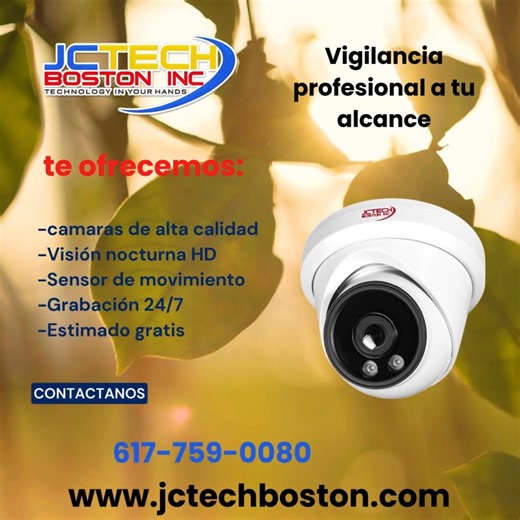 Protección constante, sin fallas. 💥 En JC TECH BOSTON INC. elevamos tu seguridad a un alto nivel 📈. Disfruta de tecnología de vanguardia con: ✔️ Cámaras de alta calidad ✔️ Visión nocturna ✔️ Monitoreo remoto desde cualquier lugar ✔️ Grabación constante 24/7 📲 Contáctanos para cotizar y resolver cualquier duda que tengas. Tu seguridad es nuestra prioridad. WhatsApp: 🟢 16177590080 | JC Tech Boston Inc