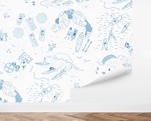 Day at the Beach Wallpaper, Peel and Stick, Coastal Toile Print, Blue and White Beach Scene, Removable Wallpaper, by Love Vs Design - Etsy