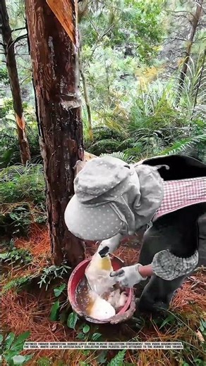Farmers Harvesting Rubber Latex from Plastic Containers: Sustainable Collection Process