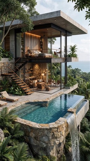 AI Renovations & Home Design on Instagram: "Tropical Modern Villa Tour A contemporary hillside villa designed around open living, clean concrete volumes, and warm natural materials. Large glass panels blur the boundary between indoors and outdoors, while layered terraces, wood textures, and integrated lighting create a seamless flow toward the infinity pool and surrounding landscape. #VillaTour #ModernArchitecture #TropicalDesign #LuxuryLiving #VillaDesign"