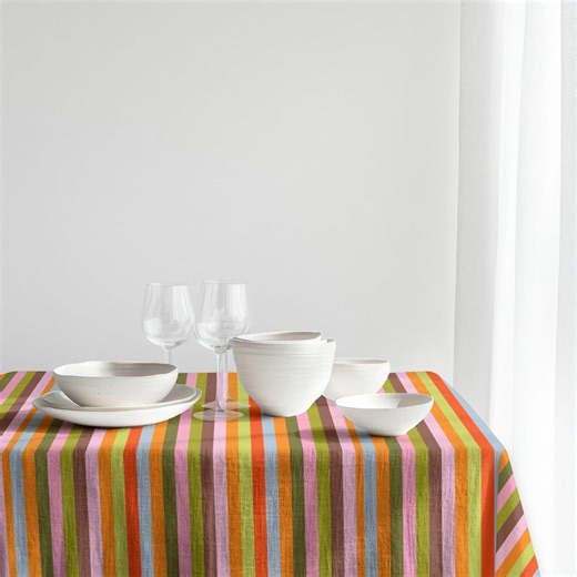 Orange Pink Green Striped Tablecloth, Multicolor Vertical Stripe Table Linen - Etsy