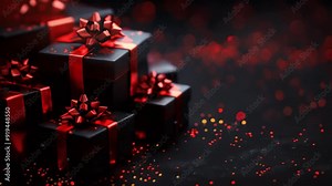Black gift boxes with red ribbons surrounded by red bokeh lights
