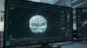 Anatomy Analysis Computer Inspects Brain Of Patient For Tumor. Medical Computer With Anatomy Analysis Software Checks Brain Health. X-Ray Computer For Brain Anatomy Analysis Diagnosed Brain Tumor