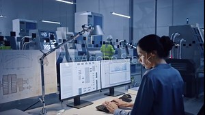 In Factory: Professionals Working on CNC Machinery, Walk Through Workshop, Use Digital Tablet, Manipulate Robot Arm Production Line. Female Engineer Controls System with Computer. Moving Camera