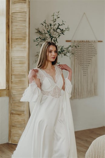 Bridal Silk Robe Set, Long Silk Robe and Lace Nightgown, Bride Getting Ready Outfit, Bridal Shower Gifts - Etsy UK