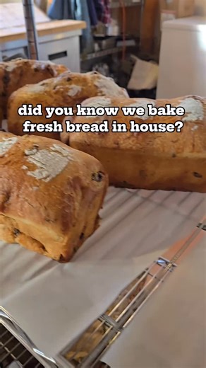 Fresh baked bread made by our in-house baking team! We honor the historic roots of our building as a former bakery with our bread program, led by our incredible chefs Susan and Jess. Stop in to try our signature cinnamon raisin bread, baguettes, and sourdough loaves, plus and an assortment of scratch baked goods, all sweetened with maple sugar! 🥖🍁 #vermonteats #sugarbobfinestkind #chestervermont #localmakers | Sugar Bob's Finest Kind
