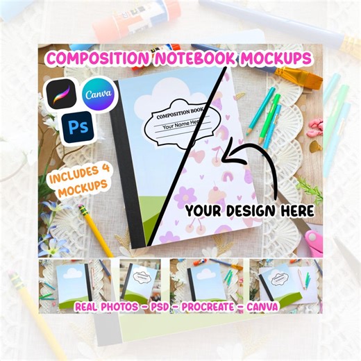 Composition Notebook Cover Mock up Procreate Photoshop Canva Back to School Mockup Custom Notebook Mock Ups Front & Back   Video Instruction - Etsy