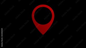 Red location Pin pointer on map animated cartoon on black screen background with alpha. Information, point of interest, active rest red map icons. Looped frame