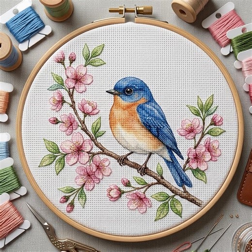 Bluebird Blossom Cross Stitch Pattern – Spring Bird Floral Embroidery Design (PDF) - Etsy