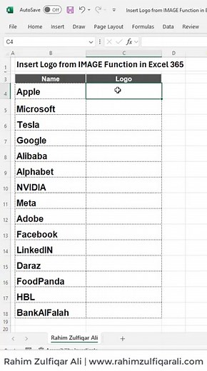 Insert Logo from IMAGE Function in Microsoft #Excel 365 & #GoogleSheets Excel 365: =IMAGE(CONCAT("https://logo.clearbit.com/",B4,".com")) Google Sheets: =IMAGE(CONCATENATE("https://logo.clearbit.com/",A4,".com")) #BankAlFalah #HBL #FoodPanda #Daraz #LinkedIN #Facebook #Adobe #Meta #NVIDIA #Alphabet #Alibaba #Google #Tesla #Microsoft #Apple | Excel Basement