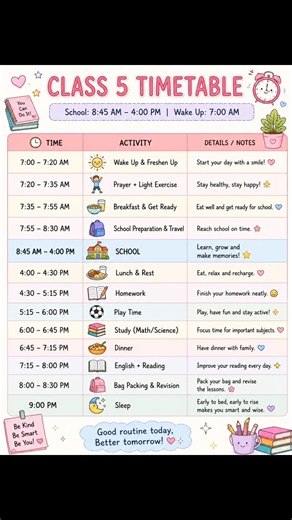 Class 5 Daily Study Timetable | Best Routine for School Students (8:45 AM to 4:00 PM) 📚✨