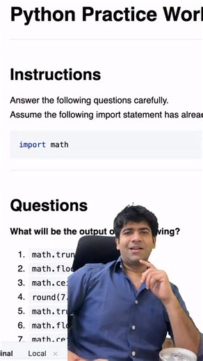 Shubham Tomar | Practice worksheet for trunc, round, floor, ceil #python #coding | Instagram