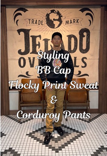 本日はBBキャップにフロッキープリントスウェット、コーデュロイパンツのスタイリングです。 是非動画を見てスタイリングの参考にしてみてください。 着用アイテムは最下部へ↓ Cap JELADO×BRUNEL＆Co.HATMAKERS B.B.CAP（直営限定）【AB21751】 Tops ILLINOIS Flocky Pt Sweat【AB12201】 Color:Black Size:M Pants 319 Corduroy Pants【JP02319】 Color:Peanuts Size:W30 Shoes U.S.N 41 Service Shoes【JB94902】 Size:US9 @JELADO OFFICIAL