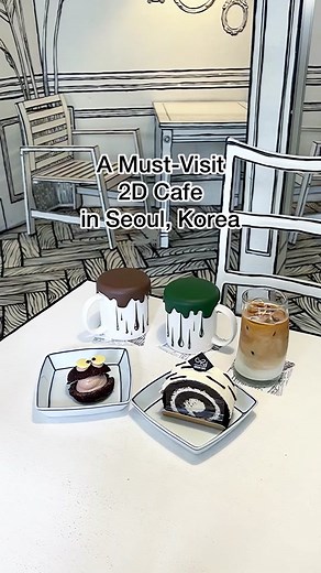 We enjoyed eating in a two-dimensional world at Greem Cafe 😊 This 2D-themed cafe makes you feel like you are in a cartoon. Everything from furnishings to plants and dishes appear two dimensional, like b&w drawings. Everything here is so instagramable and fun! Check this place out when you are in Seoul! #korea #foodtiktok #trending #dessert #desserts #cool #foodies #foodie #sweettooth #food #yummy #yummyfood #cutefood #matcha #cafe #nycfood #nycfoodie #eating #2d #cakes #coffee #drinks #2dcafe