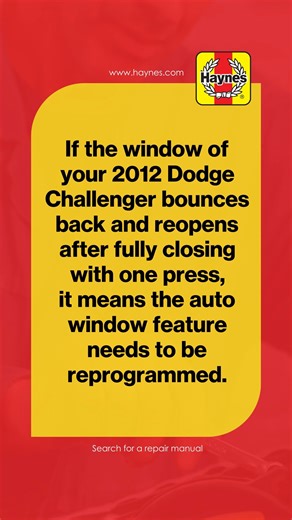 If your 2012 Dodge Challenger window bounces back after closing, it indicates the auto window feature needs reprogramming. This issue commonly arises due to a misalignment or sensor malfunction. Learn how to fix this issue by consulting your Haynes Manual: haynes.com #HaynesManuals #HaynesShowsYouHow #DodgeChallenger | Haynes Manuals