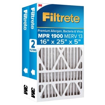 Filtrete Air Filter 5”, MPR 1900 MERV 13, Premium Allergen, Bacteria and Virus Filter, Electrostatic Air Cleaning Deep Pleat Filter, 2-pack