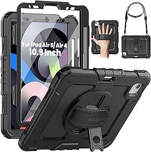 SEYMAC Case for iPad Air 5th/ 4th Generation 10.9 Inch, Full-Body Shockproof Protective Case with Screen Protector, Rotating Stand/Handle/Shoulder Strap/Pencil Holder for iPad Air 5/ Air 4, Black