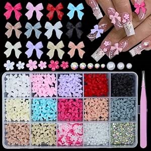 3D Bows Nail Charms Set Assorted Colorful Bowknot White Pink Color Tiny Flowers Nail Art Charms Bow White Nail Pearls Nail Gems Rhinestones for Women DIY Nail Art Accessories