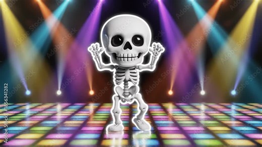 Cartoon Skeleton Dancing on Lighted Disco Floor