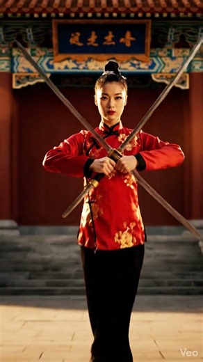 “Kung Fu master performing Dragon Style movements, red silk outfit flowing, slow motion action”