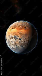 A close-up view of Mars, a red planet with a rocky surface, craters, and a blue atmosphere. The planet is surrounded by a black space with a few stars visible.