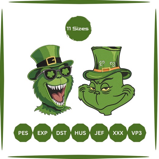 Grinch Patrick’s Day Embroidery, Machine Embroidery Files, 4 to 9 Sizes, Instant Download - Etsy