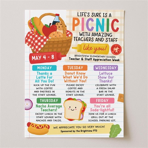 Picnic Theme Teacher Appreciation Week Itinerary Poster, Staff Teacher Week Lunch Flyer, Weekly Events School Newsletter, Edit With Canva - Etsy