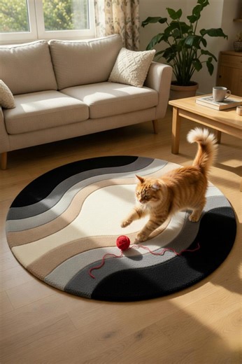 Abstract Round Tufted Rug Neutral Wave Pattern Handmade Modern Area Rug Living Room Decor