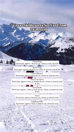 There’s been fresh snow in Zurich and in the surrounding ski resorts so I thought it might be useful to give you some info on 7 ski resort not far from Zurich and which are perfect for a day trip: Flumserberg Travel time: approximately 1 hour by car, 1 hour 30 minutes by train Hoch-Ybrig Travel time: approximately 1 hour by car, 1 hour 30 minutes by train and bus Davos Klosters Travel time: approximately 2 hours by car, 2 hours 30 minutes by train Flims Laax Falera Travel time: approximately 1 h