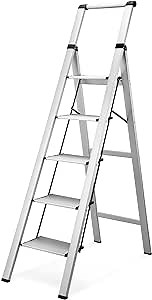 HBTower 5 Step Ladder, Aluminum Ladder with Handrails, Folding Step Stool for Adults, 330LBS Capacity Sturdy& Portable Ladder for Home Kitchen Library Office, Sliver