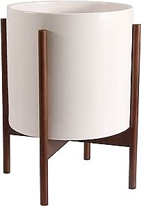Mid Century Pot with Walnut Wood Stand - 12 inch Indoor Large Ceramic Planter for Plants, Flower, Small Tree with Drainage - Modern Wood Pots Holder - Walnut Wooden Legs - White