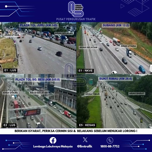 PUSAT PENGURUSAN TRAFIK, LEMBAGA LEBUHRAYA MALAYSIA. INFO TRAFIK TERKINI. 🗓Tarikh : 23/12/2025 (Selasa) ⏰Masa : 11.11 pagi. 🌤️Cuaca : Baik. STATUS TRAFIK DI LEBUH RAYA BERTOL SELURUH NEGARA 🛣🛣🛣 Trafik meningkat dan bergerak perlahan di lokasi-lokasi seperti berikut : 🚗 🛵 🚕 🏍️ 🚙 🚌 🚚🚐🚛 🔸 E1: LEBUHRAYA BARU LEMBAH KLANG (NKVE) ➡ Arah Utara: • Shah Alam ke Subang, dan • Subang ke Damansara. 🔸 E1: LEBUHRAYA UTARA - SELATAN (LUS) ➡ Arah Selatan: • Juru Auto City ke Plaza Tol Juru. • Su