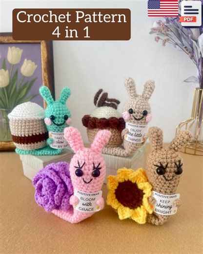Crochet Snail Bundle Pattern 4 in 1 | Snail Coffee, Snail Sunflower, Snail Rose & Snail Cupcake | Easy Amigurumi PDF - Etsy