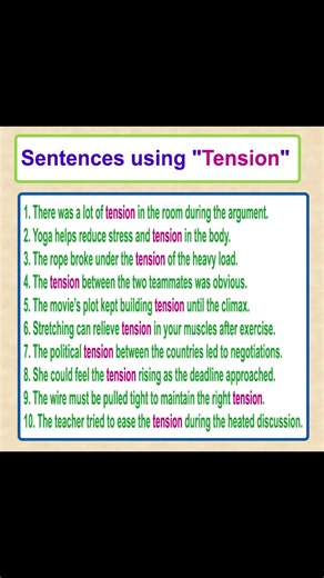 5.5K views · 82 reactions | Meaning of "Tension" with example sentences Learn English Vocabulary Learn English sentences #englishsentences #dailyenglish #learnspokenenglish #englishvocabulary #englishlearning #English #englishteacher #englishlanguage #advancedenglish | English Learning | Facebook