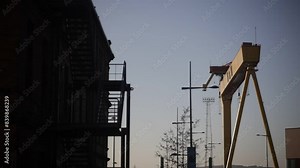 Samson and Goliath are the twin shipbuilding gantry cranes situated at the Harland and Wolff shipyard on the east side of Belfast Lough, Northern Ireland. Stock Video