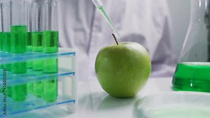 Biologist Inject in Apple Laboratory with Liquid Syringe Testing Growth