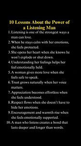Want her love to grow deeper? Start by listening — really listening. 10 lessons about the power of a listening man Listening is one of the strongest ways a man can show love. When he stays calm, understands her feelings, and values her voice, trust and respect flourish effortlessly. A man who truly listens doesn’t just hear words — he builds a bond that lasts longer and deeper than anything else. #fbreels #nonfollowers #positivefuel #foryou #viralreel #timelessquotsandhistory #socialmedia | Posi