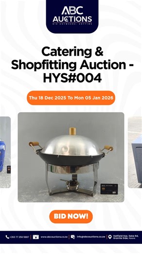 Catering & Shopfitting Auction - HYS#004 | THU 18 DEC > MON 5 JAN 2026 💥Auction Now LIVE on the ABC Auctions App [x] Download the ABC Auctions App Now - https://qrco.de/ABC_Auctions [x] Start Bidding - https://tinyurl.com/35373k46 [X] Subscribe to our YouTube Channel for more content - https://youtube.com/@abcauctions7837 📲Contact us today to find out how we can help you sell your vehicles & Goods: Harare: 📞Call: 086 77009 086 📲WhatsApp: https://wa.link/hoz14b 📍ABC Auctions, Hatfield House,
